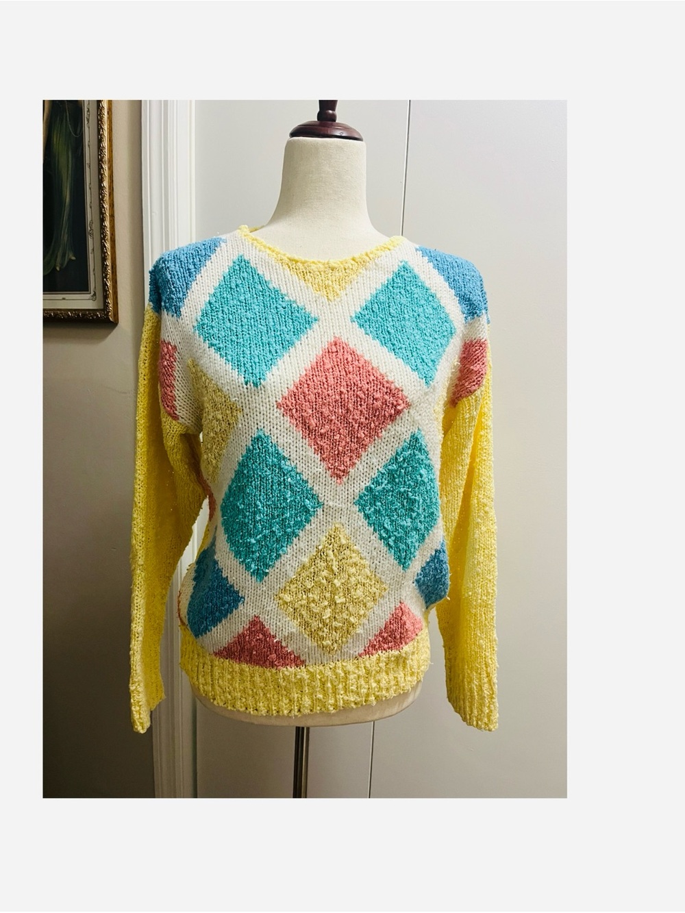 Textured 1980’s Argyle Pastel Sweater - Yellow, Turquoise & Pink M